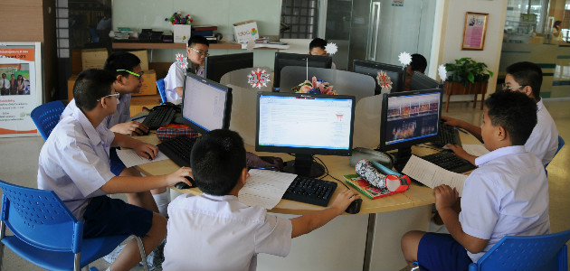 Students working hard in the library